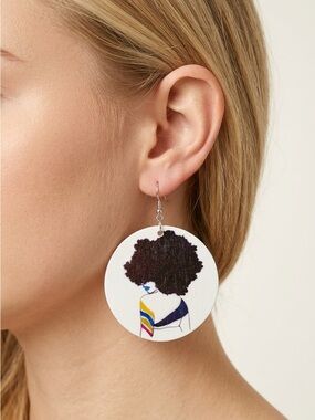 Bold Afro Silhouette Round Wood Earrings in Black and White
